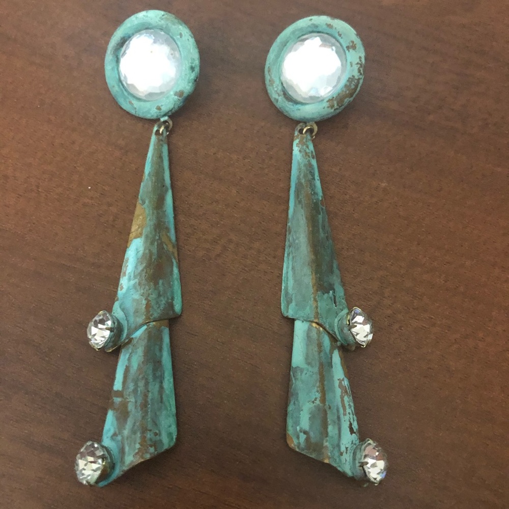 Blue Patina Earrings with Crystals